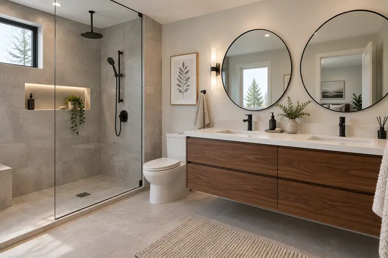 Renovated ensuite with glass walk-in shower and walnut vanity
