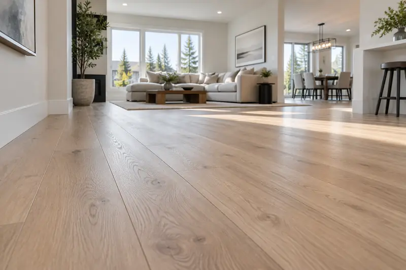 Wide-plank light oak vinyl flooring in an open living room