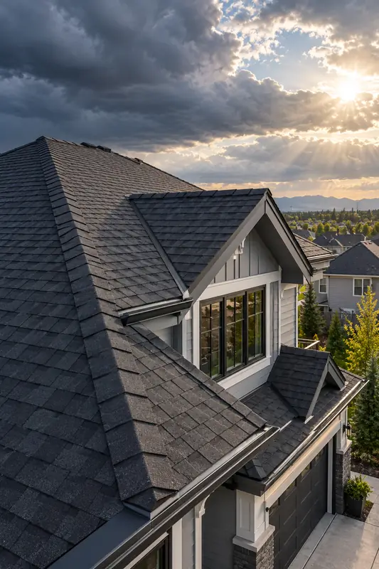 New architectural shingle roof as storm clouds clear