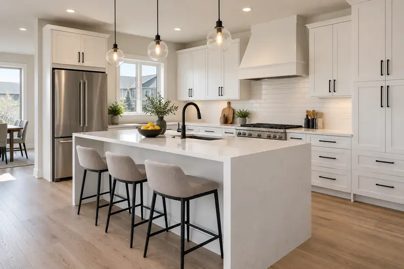 Renovated white kitchen with quartz island and pendant lights