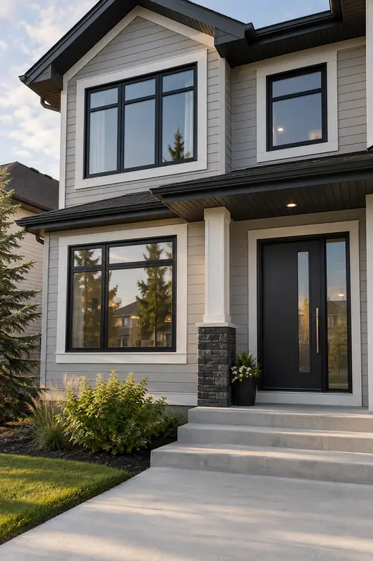 Black-framed windows and modern front entry door on a Calgary home